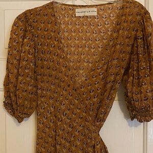 Daughters of India Mustard Floral Wrap 3/4 Sleeve Dress Sz XS